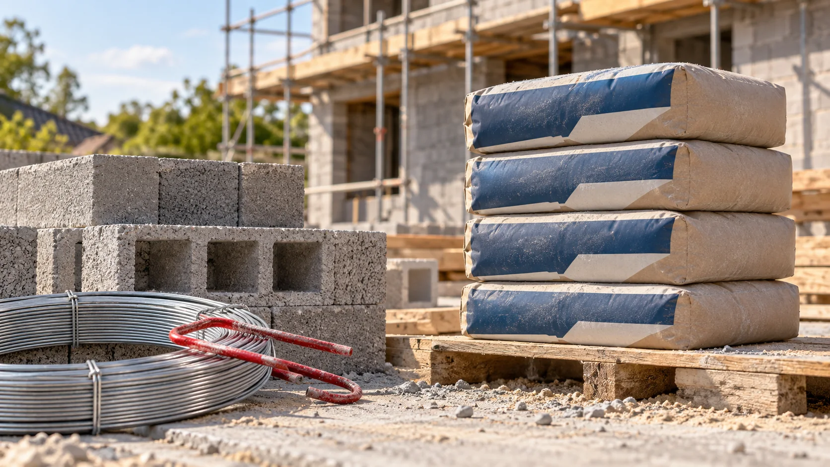 Cement bags and concrete blocks at a residential construction site