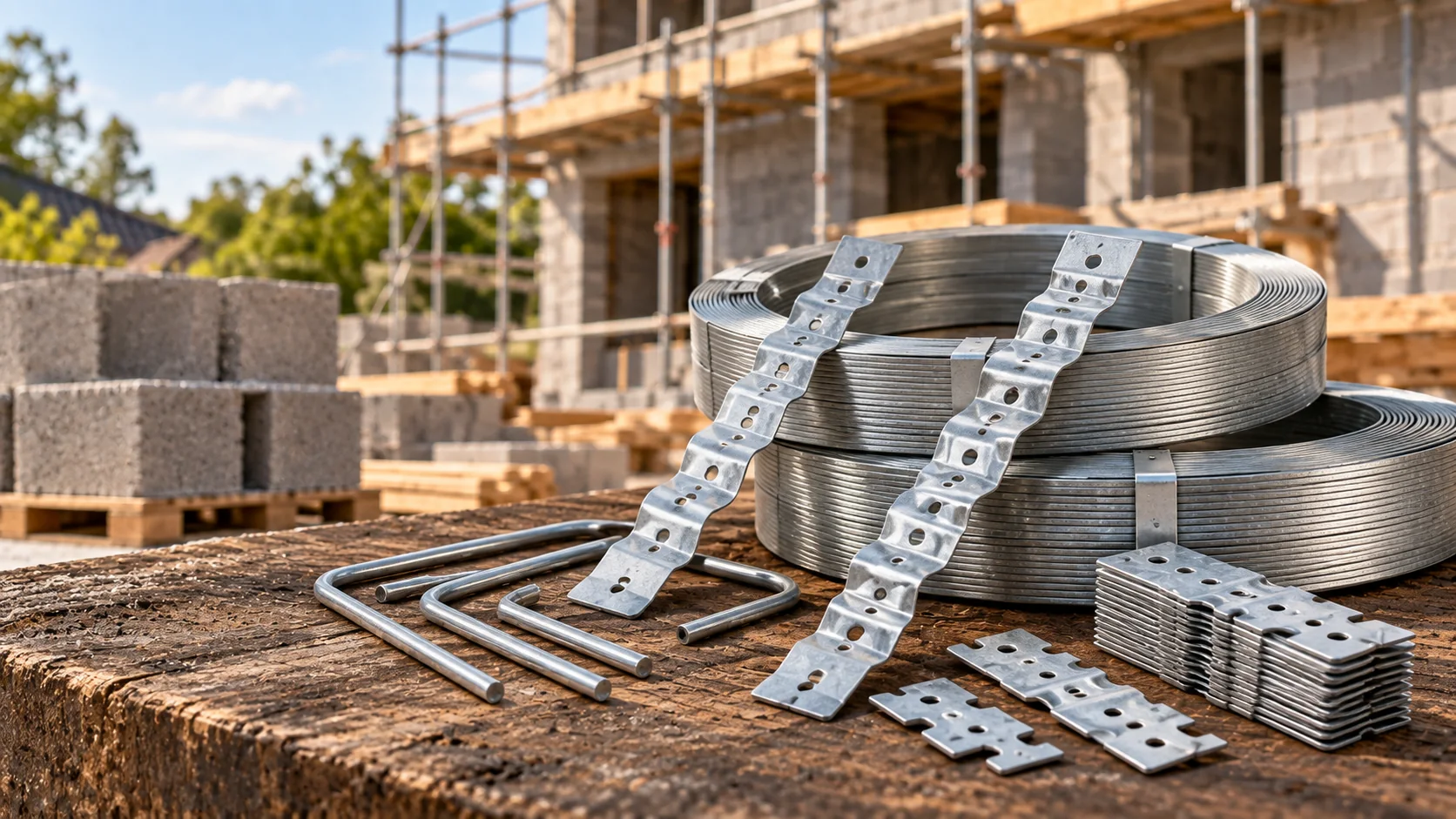 Galvanized straps, metal ties and masonry connectors on a workbench